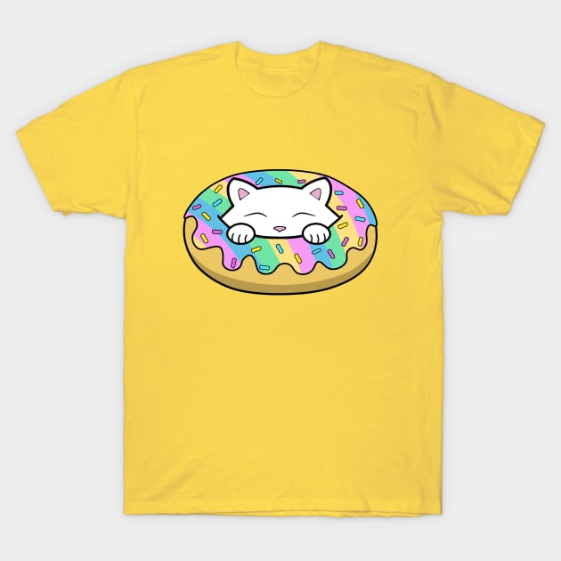 Cute white kitten eating a yummy looking rainbow doughnut with sprinkles on top of it T-Shirt by Purrfect